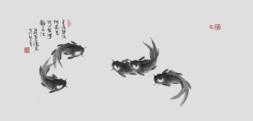A painting of five black goldfish by Chinese artist Zhang Dewen. 