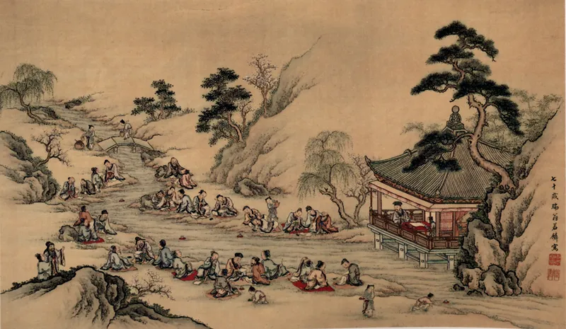 a meandering stream party held by ancient Chinese, during which they drink by rivers
