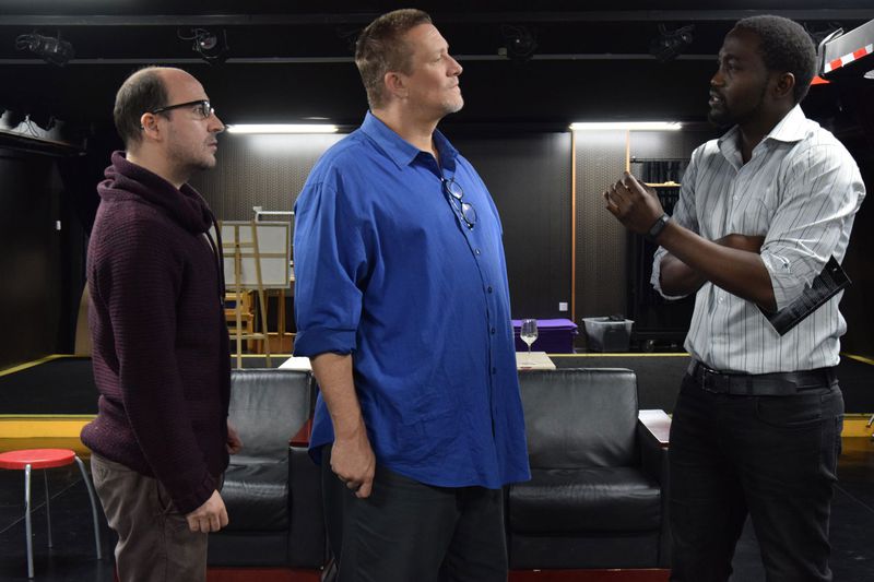 Art attack: Ottery (left) tees off with Allen (center) and Kamanguza (right) as Yves, Marc and Serge in the Beijing production of 'Art'
