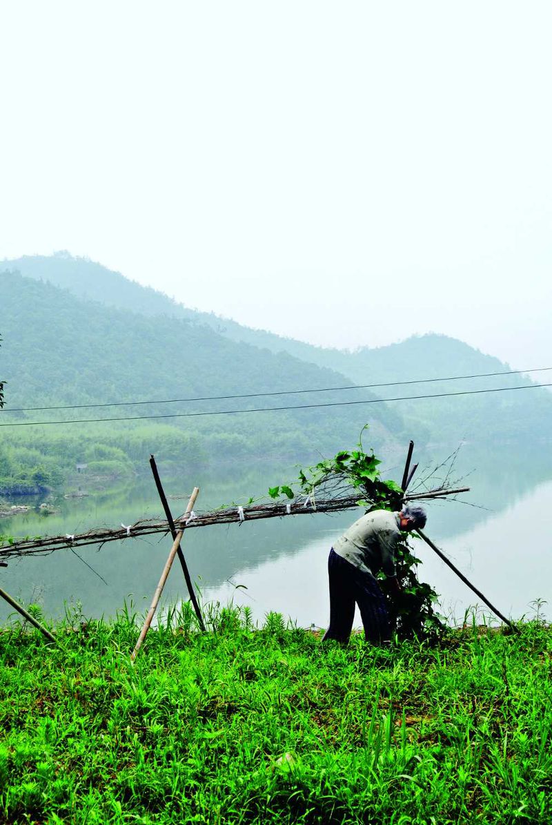 An elderly local woman busies herself with her daily chores