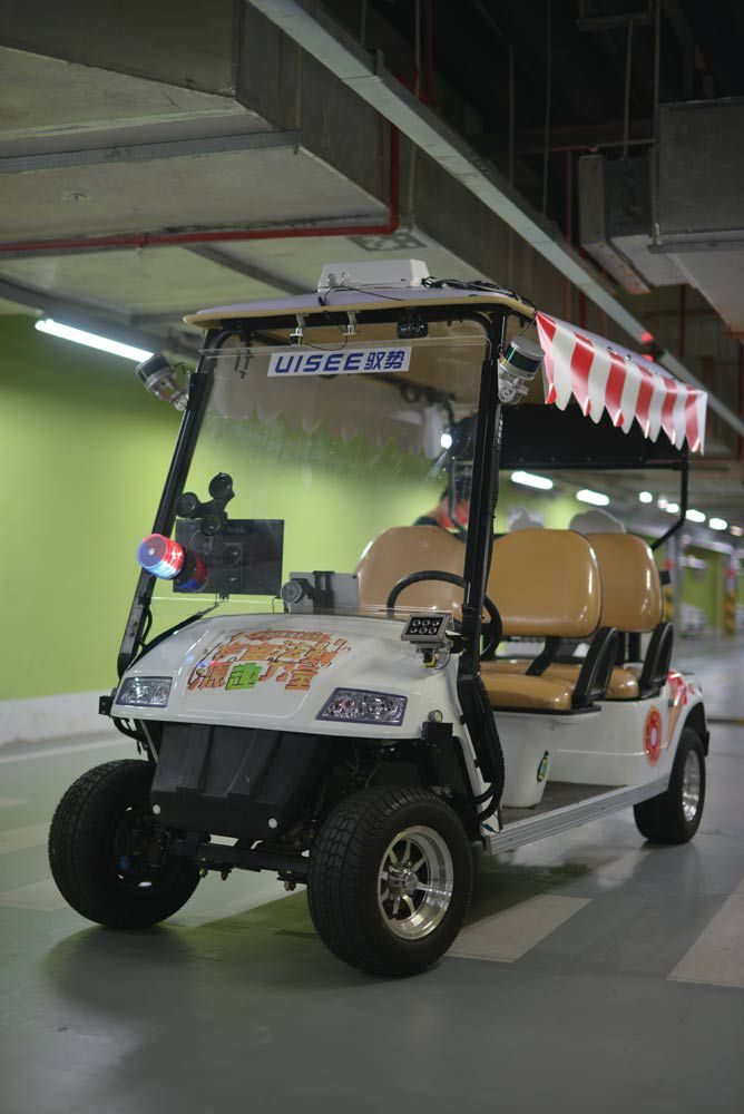 A UISEE autonomous cart at a carpark in Guangzhou